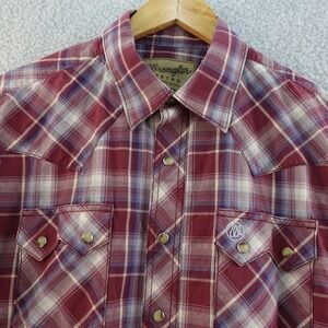 Wrangler Retro Mens L Western Plaid Pearl Snap Shirt Maroon Red Sawtooth‎ Rodeo